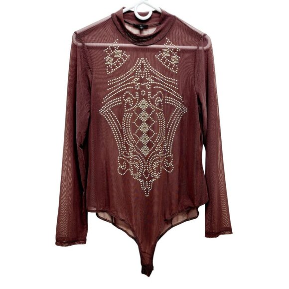 Sheer Burgundy Bodysuit Embellishments Long Sleeve Mock Neck Stretch Fit IRIS 3X - Picture 1 of 10